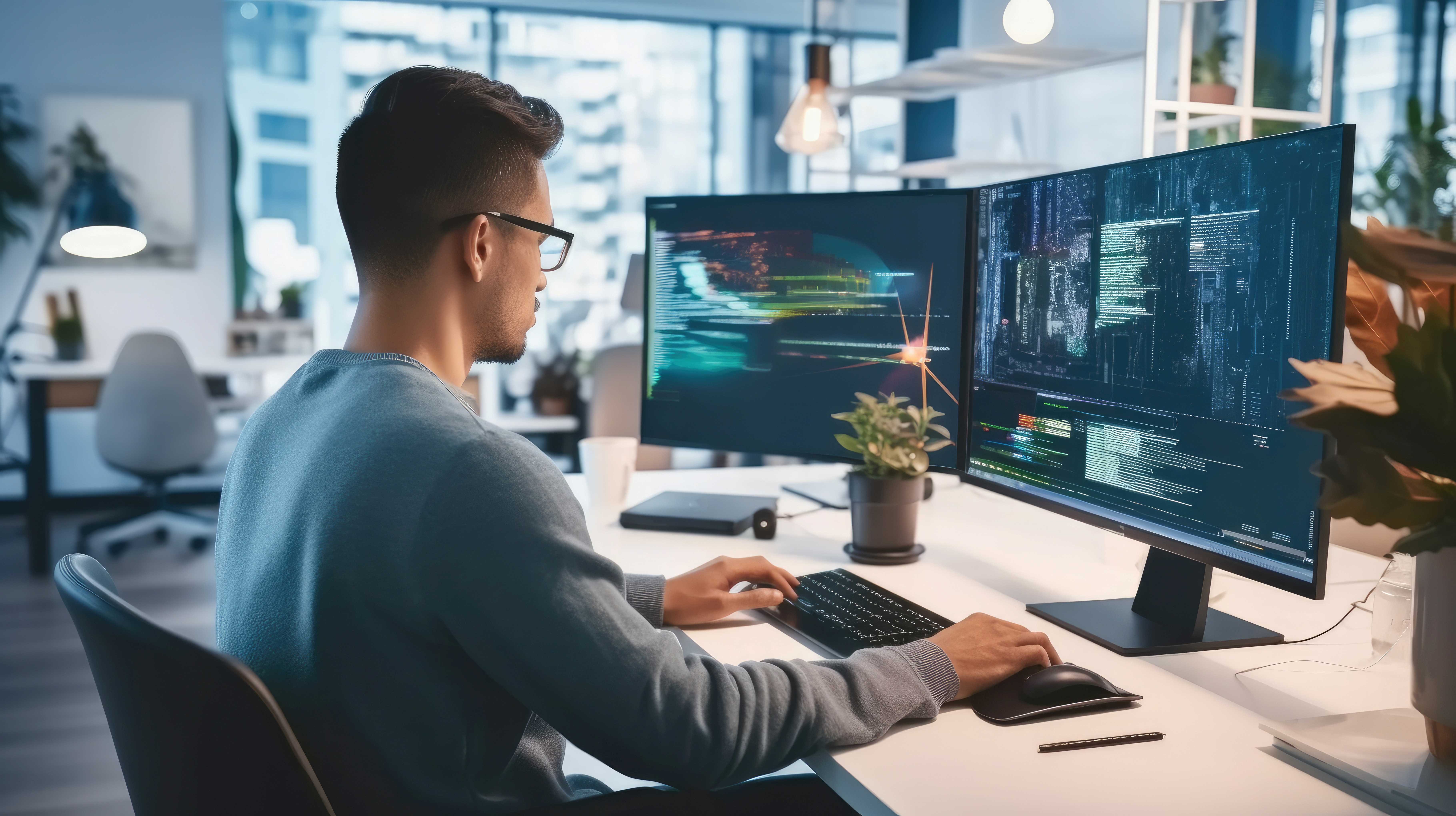 Man focused coding AI on two screens