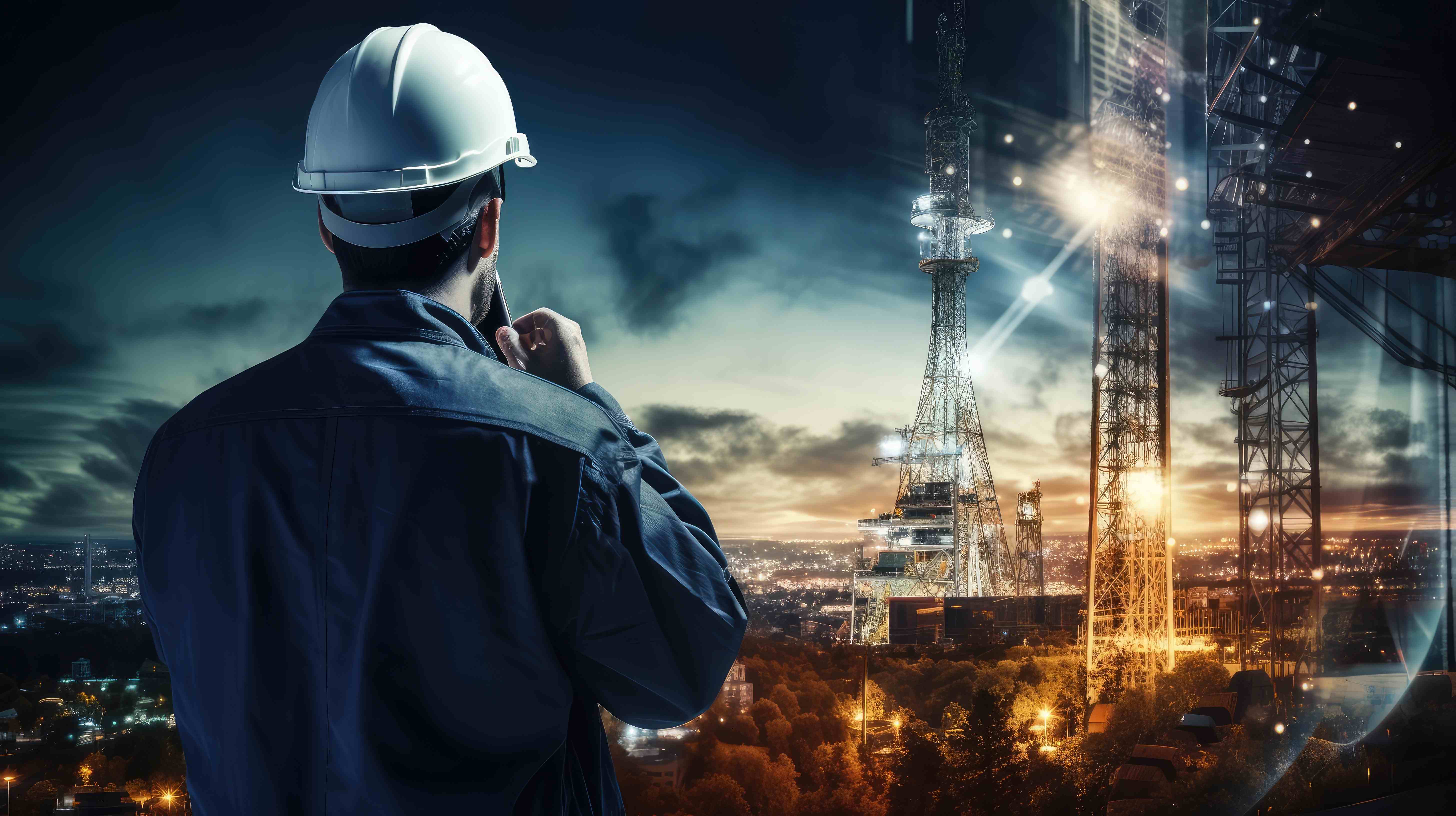 5G engineer in front of cell towers at sunset