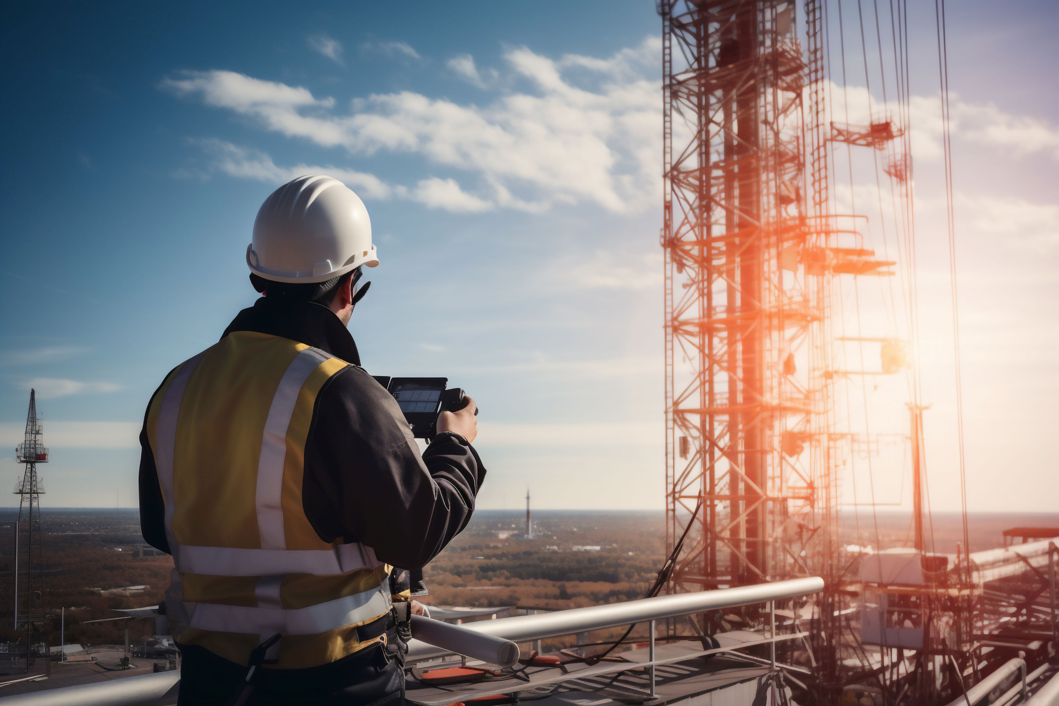 engineer testing 5G with cell tower in background