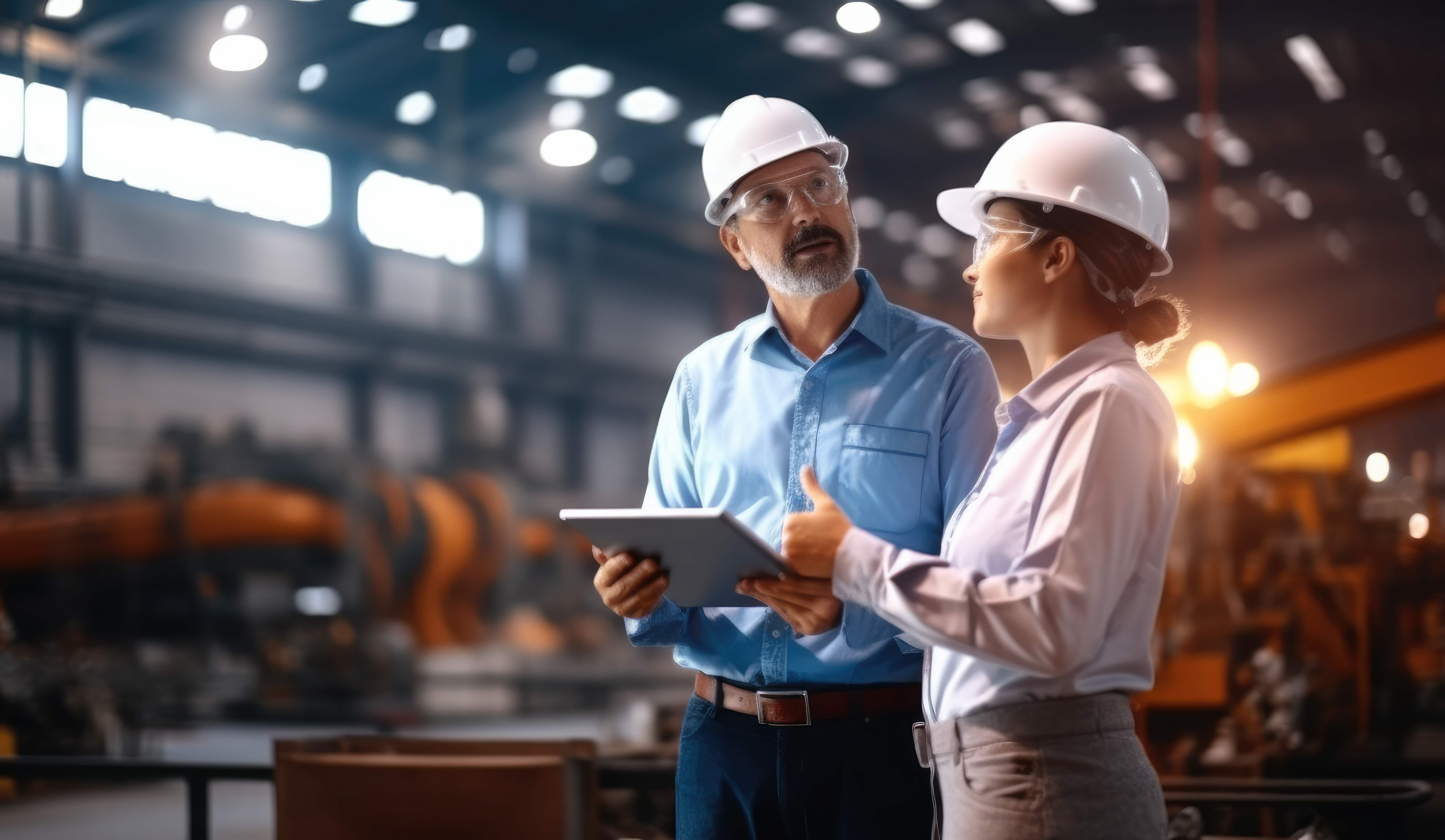 engineers standing in factory working in 5G